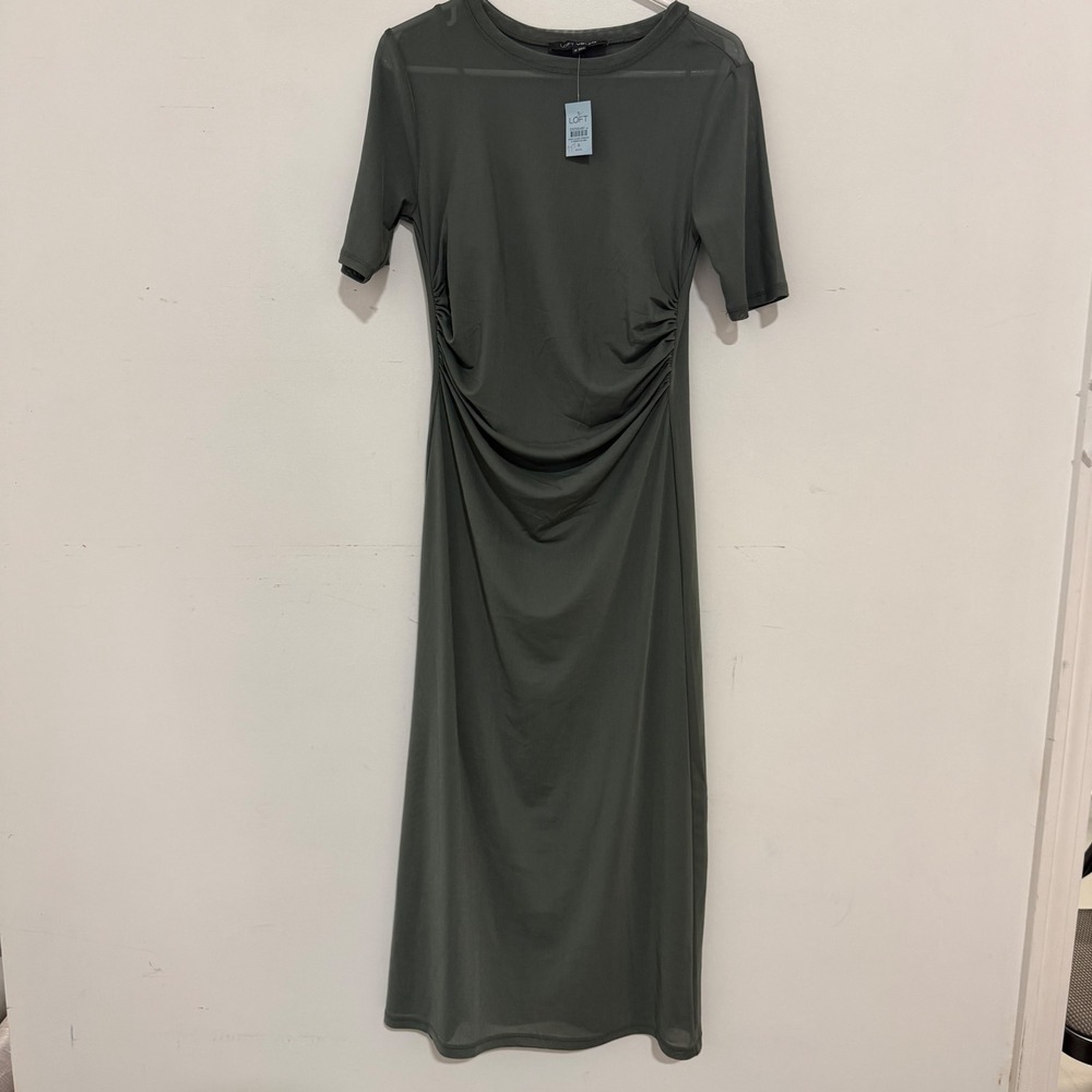 Loft Versa Olive Green Mesh Ruched Midi Dress Womens 8P Petite NWT